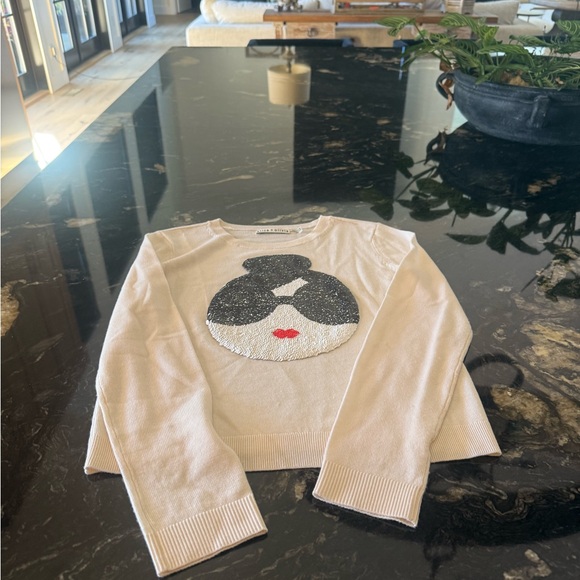 Alice + Olivia Cream Stace Face Sequin embellished stretch wool sweater - Picture 10 of 12